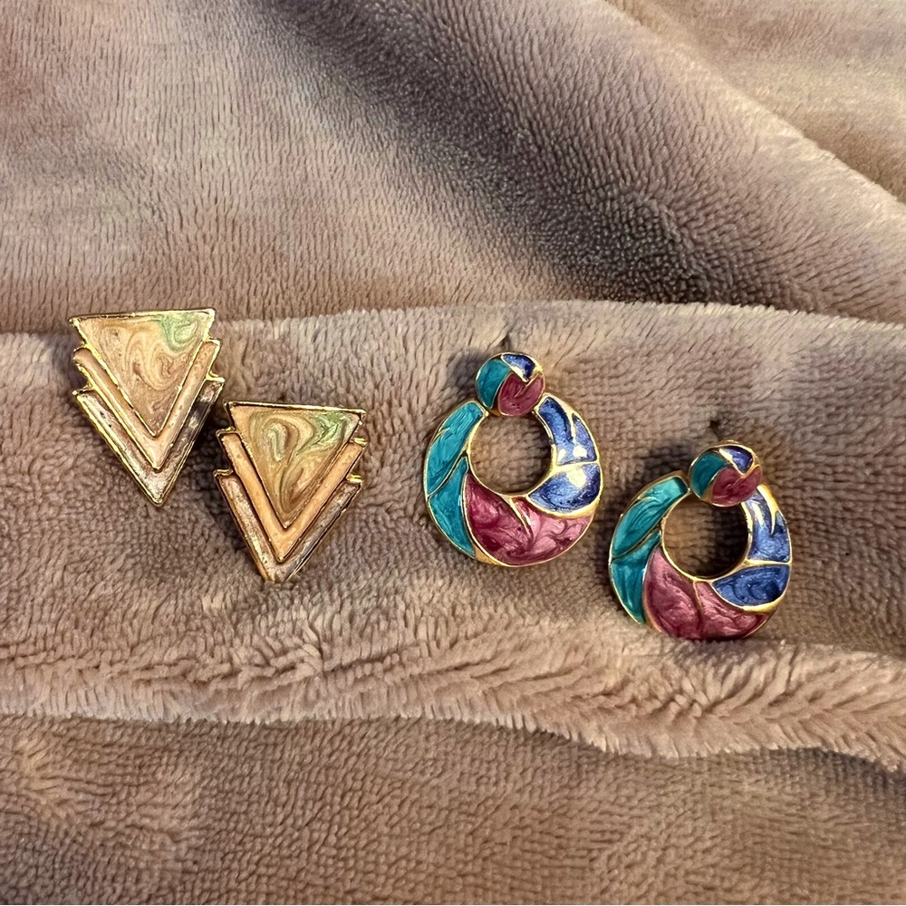 VINTAGE Gold Colourful Swirl Enamel Retro Eclectic Grandma Earring Bundle